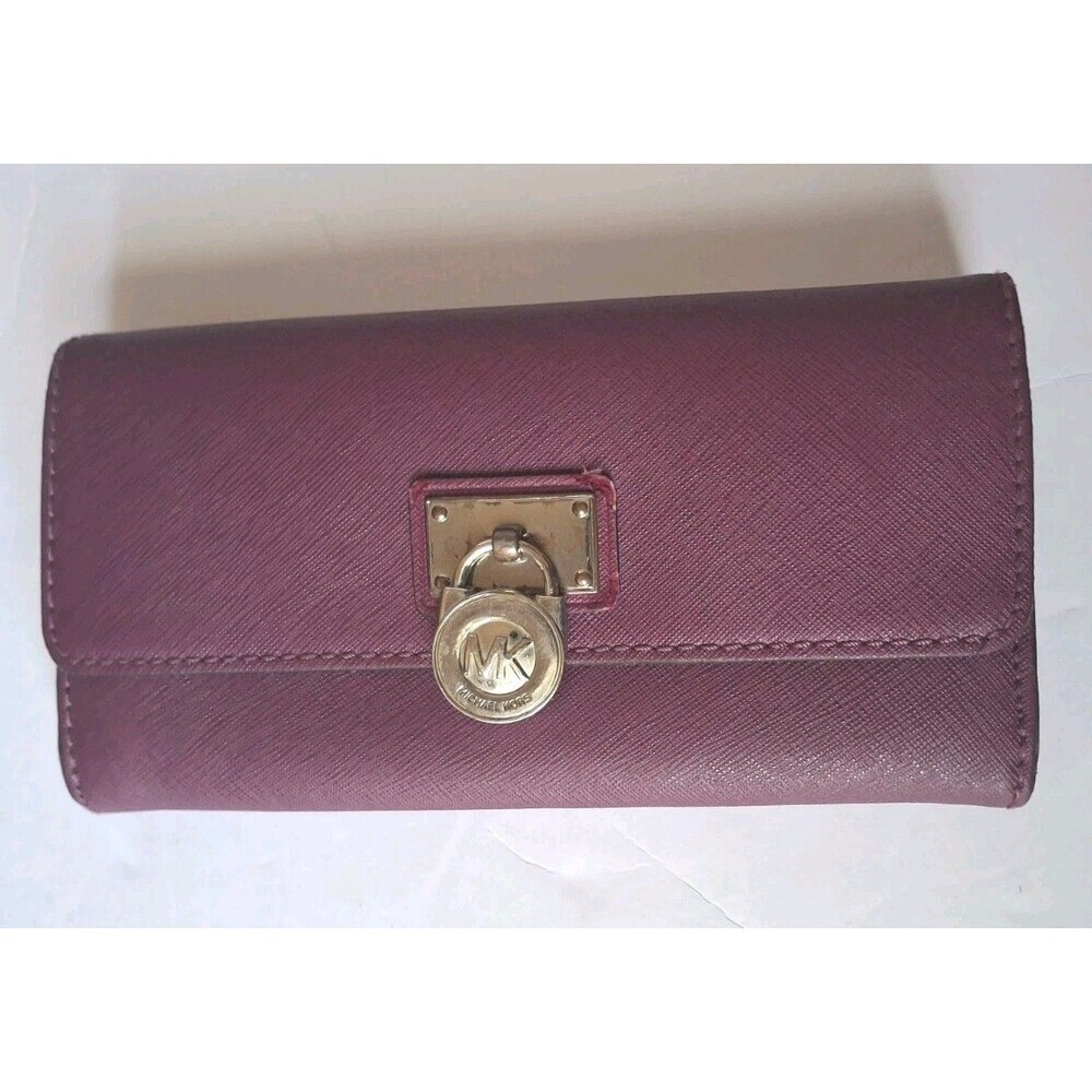 Michael Kors Hamilton Wallet Womens Lock Leather Continental Clutch Wine